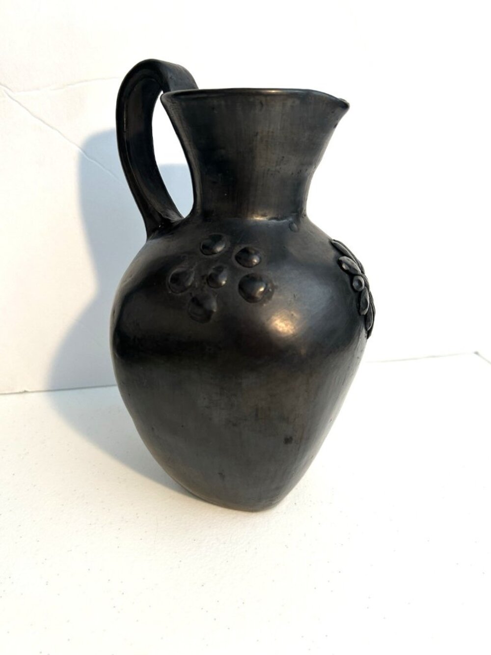 Vintage Oaxaca Barro Negro Mexican Folk Art Black Pottery Pitcher Vase Floral